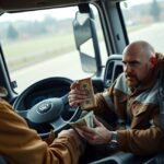 Kamionsofőr pénzügyi tranzakciót végez a teherautóban.