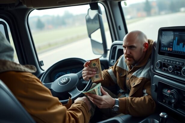 Kamionsofőr pénzügyi tranzakciót végez a teherautóban.