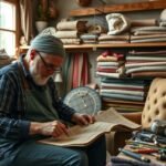 Kárpitos munkahely: tapasztalt szakember dolgozik textilanyaggal.