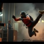 Kaszkadőr ugrás filmes jelenetben, tűz és kamerák között.