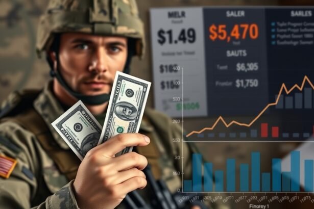 Katona kézben tartja a dollárt, háttérben grafikonnal és adatokkal.