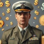 Katonatiszt pénzzel és növekvő grafikonokkal körülvéve