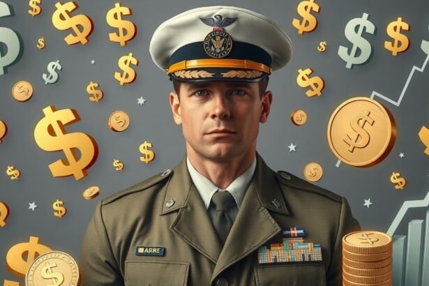 Katonatiszt pénzzel és növekvő grafikonokkal körülvéve
