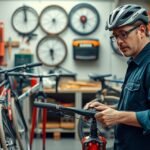 Kerékpárszerelő a műhelyben kerékpárt javít