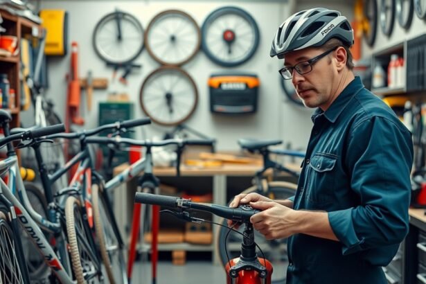 Kerékpárszerelő a műhelyben kerékpárt javít