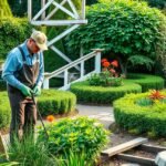 Kertépítő dolgozik egy szépen karbantartott kertben