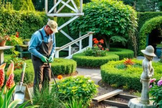 Kertépítő dolgozik egy szépen karbantartott kertben