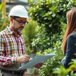 Kertészmérnök elemzi a növényeket és tanácsot ad a kliensnek.