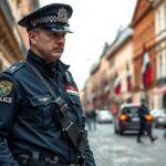 Készenléti rendőr a városban, rendőrségi egyenruhában, háttérben utcai forgalom.