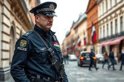 Készenléti rendőr a városban, rendőrségi egyenruhában, háttérben utcai forgalom.