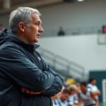 Kézilabdaedző a mérkőzés során, a lelátón ülve figyeli a játékot