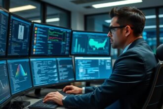 Kibernyomozó dolgozik több monitor előtt adatokat elemezve.