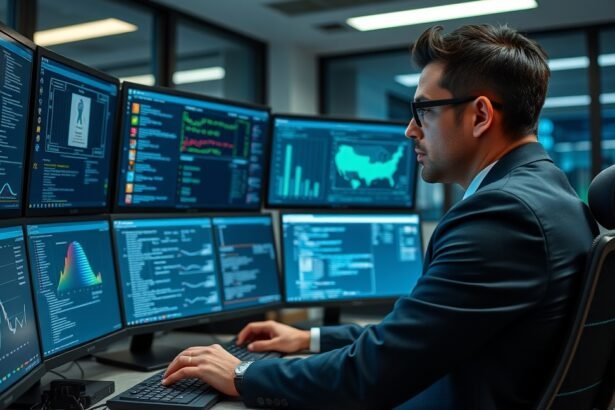 Kibernyomozó dolgozik több monitor előtt adatokat elemezve.