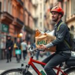 Kifli-futár kerékpárral, élelmiszert szállít egy városi utcában.