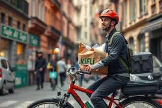 Kifli-futár kerékpárral, élelmiszert szállít egy városi utcában.