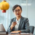 Kínai tolmács munkahelyi környezetben számítógép előtt.