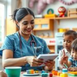 Kisgyermekgondozó foglalkozik gyerekekkel egy óvodai környezetben.