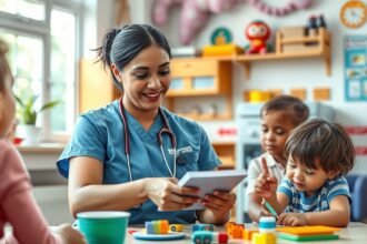 Kisgyermekgondozó foglalkozik gyerekekkel egy óvodai környezetben.