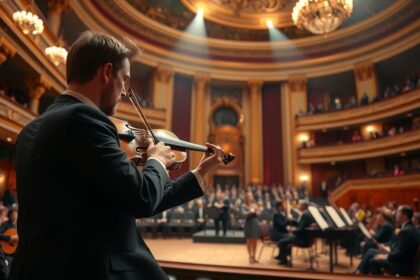 Klasszikus zenész hegedül egy koncerten, nézők előtt