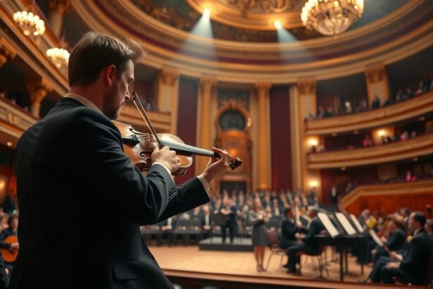 Klasszikus zenész hegedül egy koncerten, nézők előtt