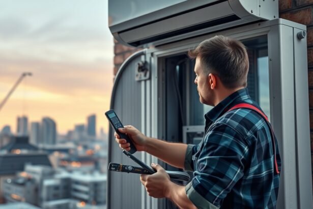 Klímaszerelő szerszámokat használva egy épület ablaka mellett.