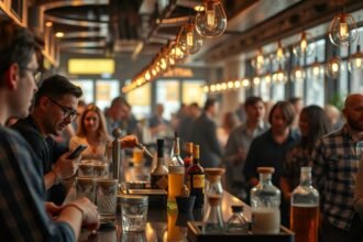 Kocsmáros munkahelyi környezet, vendégek a bárpultnál.