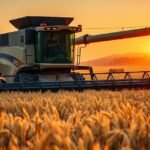 Kombájn arat nádszezonban naplementében.