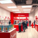 Vodafone bolt belső nézet SIM-kártyákkal és ügyfelekkel.