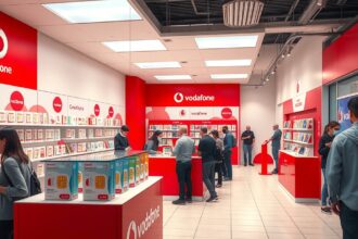 Vodafone bolt belső nézet SIM-kártyákkal és ügyfelekkel.