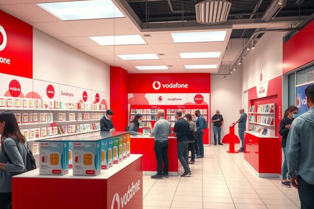 Vodafone bolt belső nézet SIM-kártyákkal és ügyfelekkel.