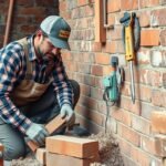 Kőműves munka közben, téglaépítés a falnál