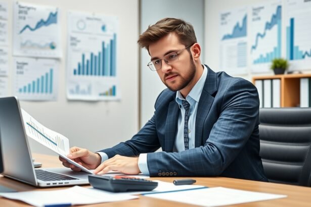 Egy kontroller, aki adatokat elemez az irodájában, jelentések mellett.