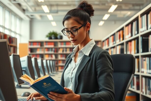 Könyvtáros olvas egy könyvet a könyvtárban.