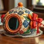 Színes hógömb dísztárgy piros masnival, karácsonyi ajándék ötlet.