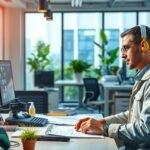 Környezetmérnök munkahelyen, számítógép előtt ülve, tervezés közben.