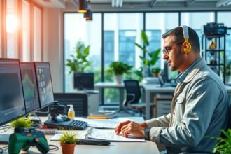 Környezetmérnök munkahelyen, számítógép előtt ülve, tervezés közben.