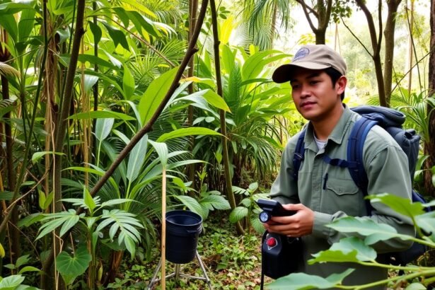Környezetvédelmi technikus a természetben, zöld növények között.