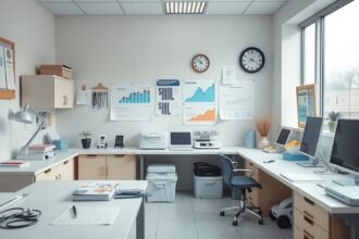 Modern körzeti orvosi rendelő belső tér, egészségügyi grafikonokkal.