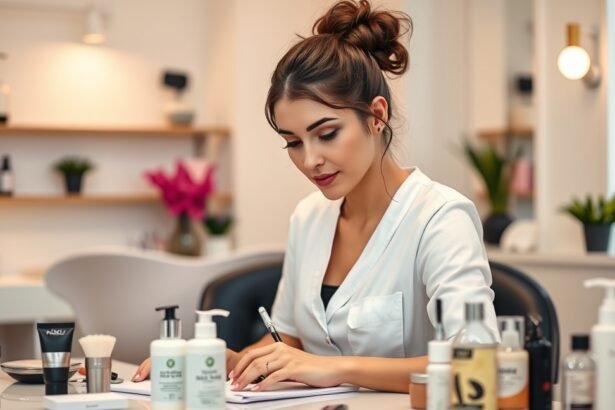 Kozmetikus munkája a szalonban, bőrápoló termékekkel.