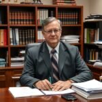 Középiskolai igazgató az irodájában, dokumentumok között ülve.