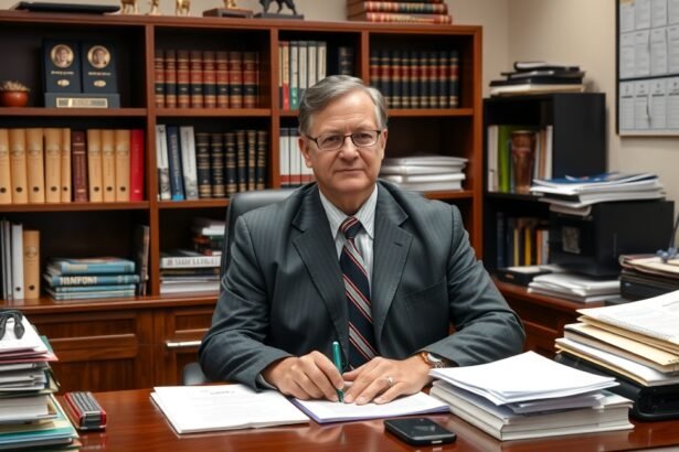 Középiskolai igazgató az irodájában, dokumentumok között ülve.