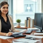 Közjegyzőhelyettes nő az irodájában dolgozik