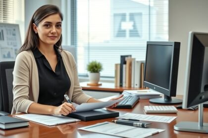 Közjegyzőhelyettes nő az irodájában dolgozik