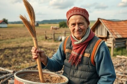 Közmunkás a mezőn, szalma- és takarmánygyűjtés közben.