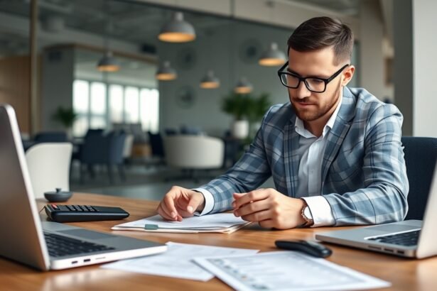 Közös képviselő tanulmányozza a dokumentumokat az irodában.