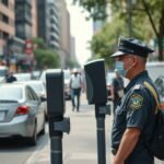 Közterület-felügyelő munkáját végzi a városban.