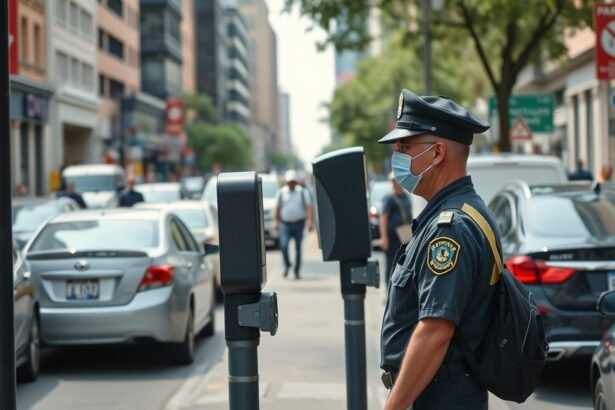 Közterület-felügyelő munkáját végzi a városban.