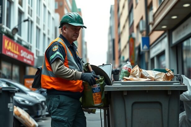 Kukás munka közben az utcán, hulladékgyűjtés