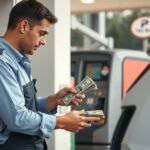 Kutas, aki pénzt számol a benzinkútnál