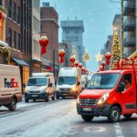 Karácsonyi ajándékok szállítása városban hóesésben